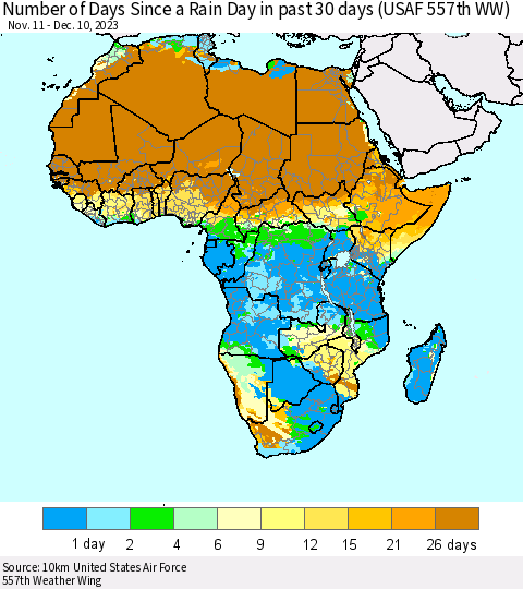 Africa Number of Days Since a Rain Day in past 30 days (USAF 557th WW) Thematic Map For 12/6/2023 - 12/10/2023
