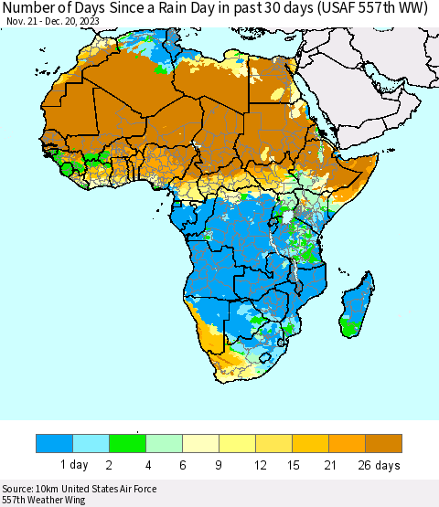 Africa Number of Days Since a Rain Day in past 30 days (USAF 557th WW) Thematic Map For 12/16/2023 - 12/20/2023