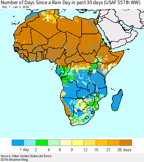 Africa Number of Days Since a Rain Day in past 30 days (USAF 557th WW) Thematic Map For 1/1/2024 - 1/5/2024