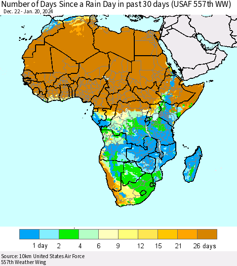 Africa Number of Days Since a Rain Day in past 30 days (USAF 557th WW) Thematic Map For 1/16/2024 - 1/20/2024