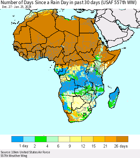 Africa Number of Days Since a Rain Day in past 30 days (USAF 557th WW) Thematic Map For 1/21/2024 - 1/25/2024
