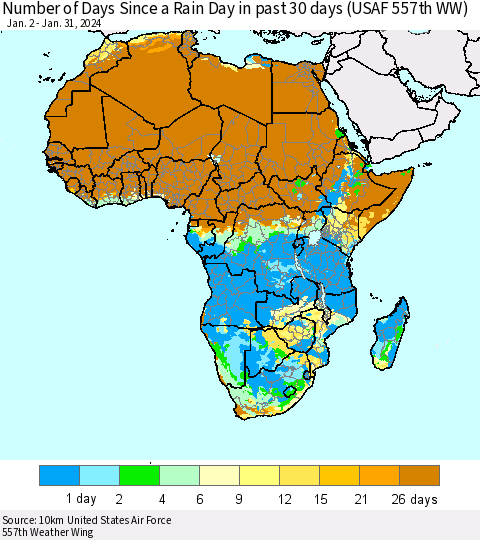 Africa Number of Days Since a Rain Day in past 30 days (USAF 557th WW) Thematic Map For 1/26/2024 - 1/31/2024