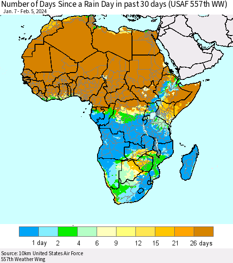 Africa Number of Days Since a Rain Day in past 30 days (USAF 557th WW) Thematic Map For 2/1/2024 - 2/5/2024