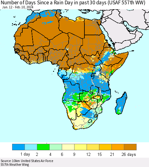Africa Number of Days Since a Rain Day in past 30 days (USAF 557th WW) Thematic Map For 2/6/2024 - 2/10/2024