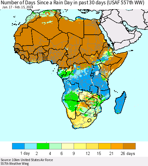 Africa Number of Days Since a Rain Day in past 30 days (USAF 557th WW) Thematic Map For 2/11/2024 - 2/15/2024