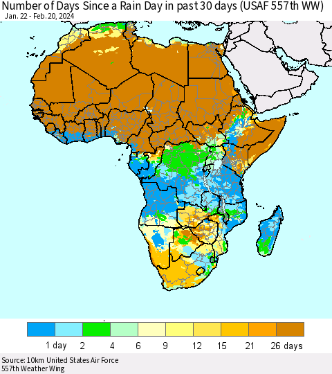 Africa Number of Days Since a Rain Day in past 30 days (USAF 557th WW) Thematic Map For 2/16/2024 - 2/20/2024