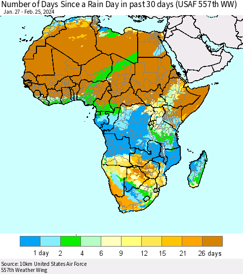 Africa Number of Days Since a Rain Day in past 30 days (USAF 557th WW) Thematic Map For 2/21/2024 - 2/25/2024