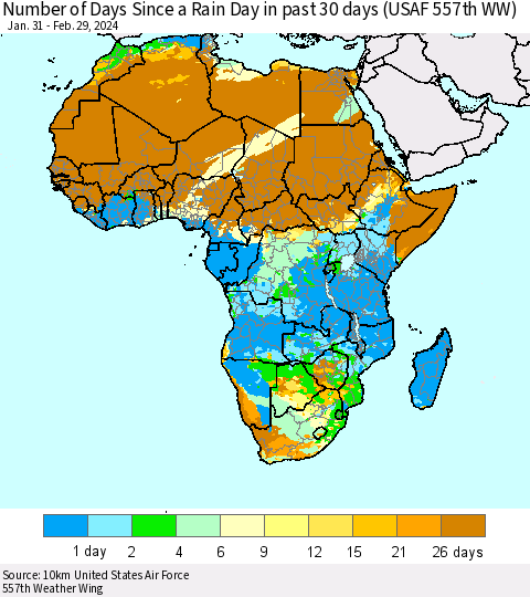 Africa Number of Days Since a Rain Day in past 30 days (USAF 557th WW) Thematic Map For 2/26/2024 - 2/29/2024