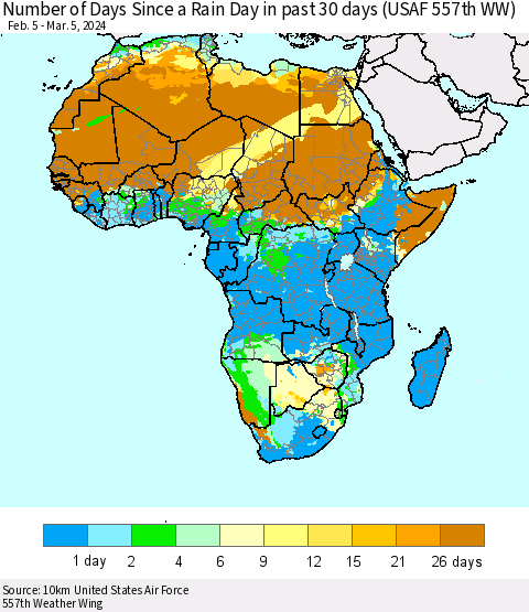 Africa Number of Days Since a Rain Day in past 30 days (USAF 557th WW) Thematic Map For 3/1/2024 - 3/5/2024