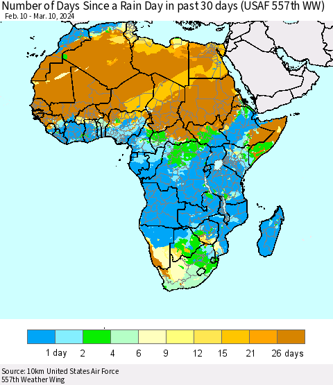 Africa Number of Days Since a Rain Day in past 30 days (USAF 557th WW) Thematic Map For 3/6/2024 - 3/10/2024