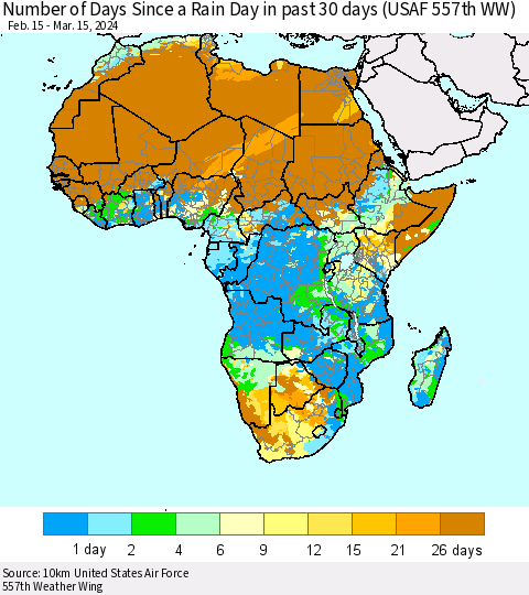Africa Number of Days Since a Rain Day in past 30 days (USAF 557th WW) Thematic Map For 3/11/2024 - 3/15/2024