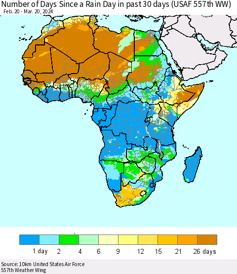Africa Number of Days Since a Rain Day in past 30 days (USAF 557th WW) Thematic Map For 3/16/2024 - 3/20/2024