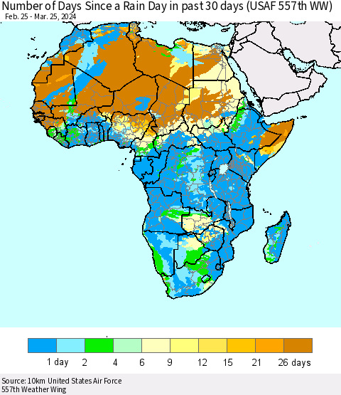 Africa Number of Days Since a Rain Day in past 30 days (USAF 557th WW) Thematic Map For 3/21/2024 - 3/25/2024