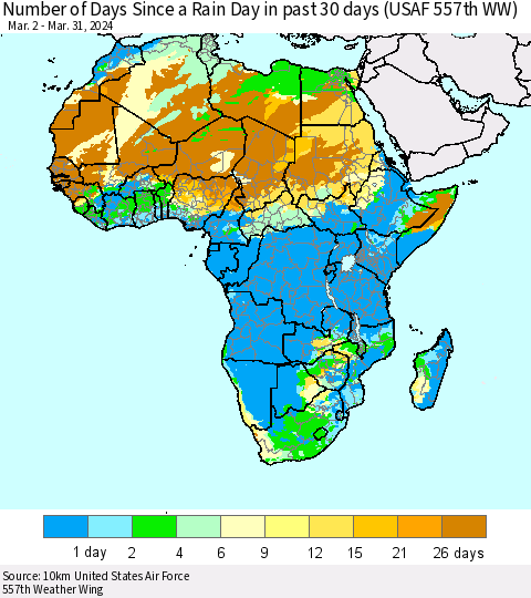 Africa Number of Days Since a Rain Day in past 30 days (USAF 557th WW) Thematic Map For 3/26/2024 - 3/31/2024