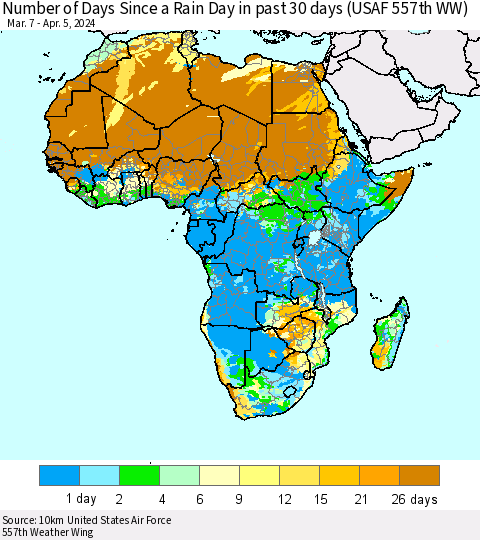 Africa Number of Days Since a Rain Day in past 30 days (USAF 557th WW) Thematic Map For 4/1/2024 - 4/5/2024