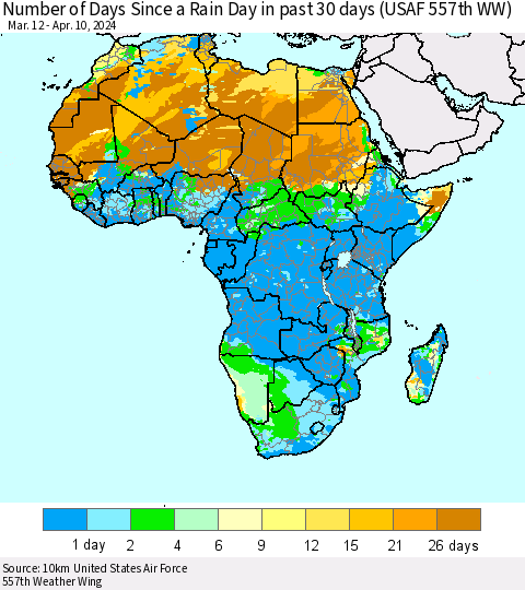 Africa Number of Days Since a Rain Day in past 30 days (USAF 557th WW) Thematic Map For 4/6/2024 - 4/10/2024