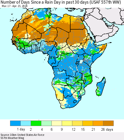 Africa Number of Days Since a Rain Day in past 30 days (USAF 557th WW) Thematic Map For 4/11/2024 - 4/15/2024