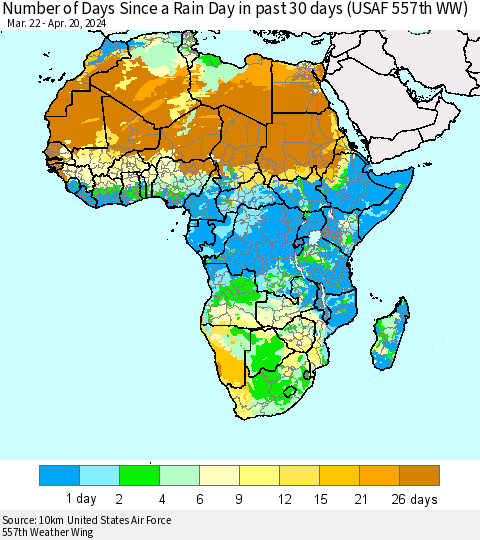 Africa Number of Days Since a Rain Day in past 30 days (USAF 557th WW) Thematic Map For 4/16/2024 - 4/20/2024