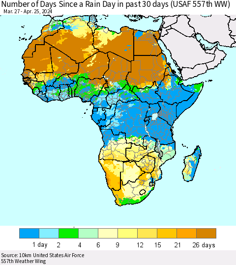 Africa Number of Days Since a Rain Day in past 30 days (USAF 557th WW) Thematic Map For 4/21/2024 - 4/25/2024