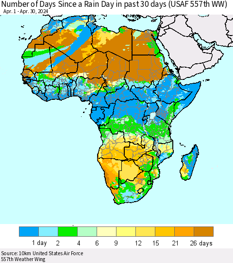 Africa Number of Days Since a Rain Day in past 30 days (USAF 557th WW) Thematic Map For 4/26/2024 - 4/30/2024