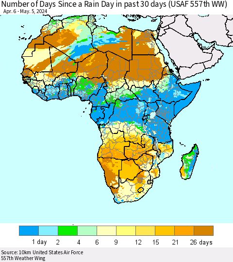 Africa Number of Days Since a Rain Day in past 30 days (USAF 557th WW) Thematic Map For 5/1/2024 - 5/5/2024