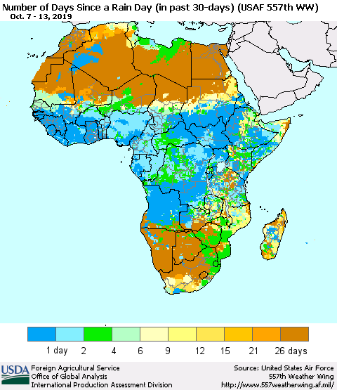 Africa Number of Days Since a Rain Day in past 30 days (USAF 557th WW) Thematic Map For 10/7/2019 - 10/13/2019