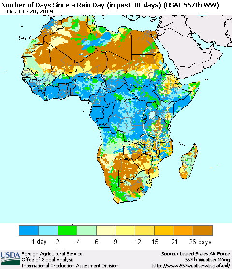 Africa Number of Days Since a Rain Day in past 30 days (USAF 557th WW) Thematic Map For 10/14/2019 - 10/20/2019