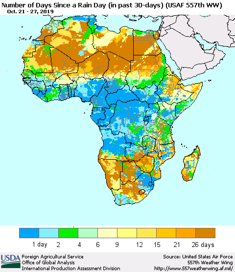 Africa Number of Days Since a Rain Day in past 30 days (USAF 557th WW) Thematic Map For 10/21/2019 - 10/27/2019