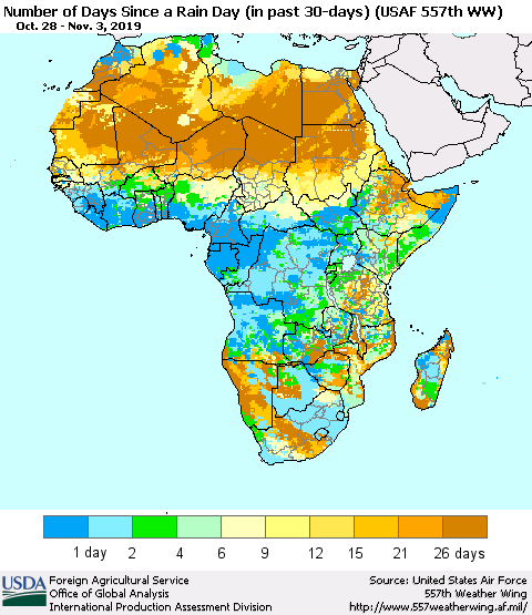 Africa Number of Days Since a Rain Day in past 30 days (USAF 557th WW) Thematic Map For 10/28/2019 - 11/3/2019