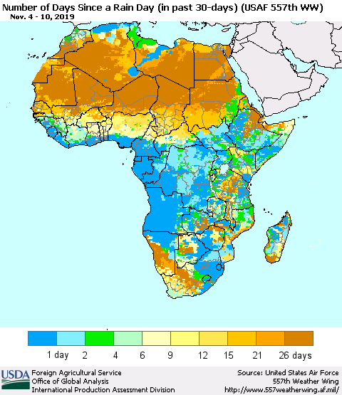 Africa Number of Days Since a Rain Day in past 30 days (USAF 557th WW) Thematic Map For 11/4/2019 - 11/10/2019