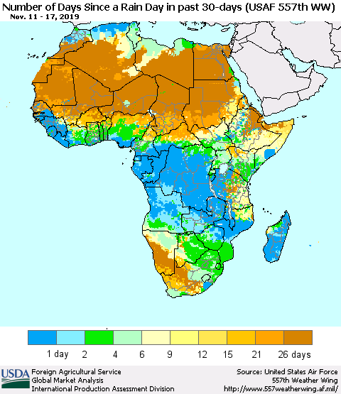 Africa Number of Days Since a Rain Day in past 30 days (USAF 557th WW) Thematic Map For 11/11/2019 - 11/17/2019