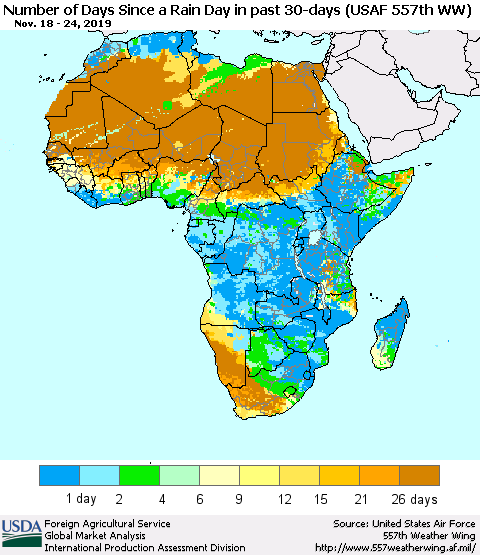 Africa Number of Days Since a Rain Day in past 30 days (USAF 557th WW) Thematic Map For 11/18/2019 - 11/24/2019