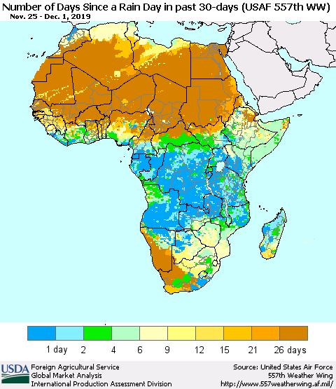 Africa Number of Days Since a Rain Day in past 30 days (USAF 557th WW) Thematic Map For 11/25/2019 - 12/1/2019