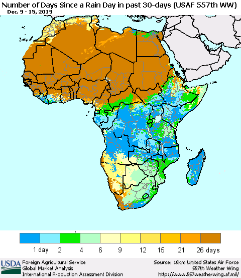 Africa Number of Days Since a Rain Day in past 30 days (USAF 557th WW) Thematic Map For 12/9/2019 - 12/15/2019