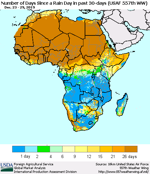 Africa Number of Days Since a Rain Day in past 30 days (USAF 557th WW) Thematic Map For 12/23/2019 - 12/29/2019