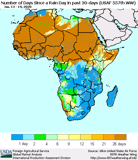 Africa Number of Days Since a Rain Day in past 30 days (USAF 557th WW) Thematic Map For 1/13/2020 - 1/19/2020