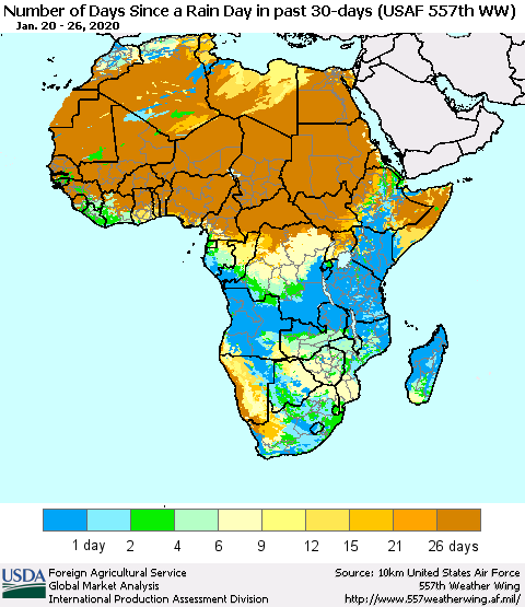 Africa Number of Days Since a Rain Day in past 30 days (USAF 557th WW) Thematic Map For 1/20/2020 - 1/26/2020