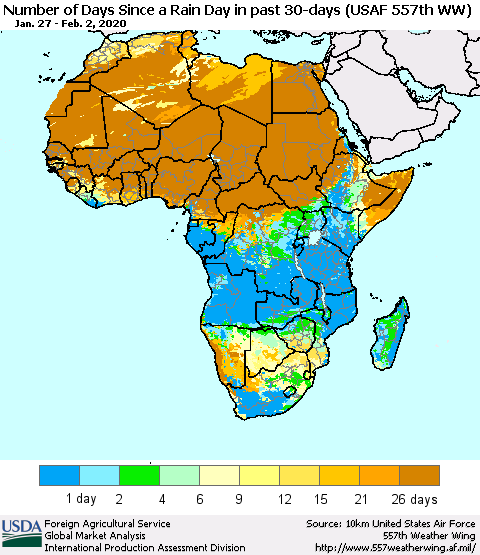 Africa Number of Days Since a Rain Day in past 30 days (USAF 557th WW) Thematic Map For 1/27/2020 - 2/2/2020