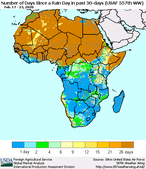 Africa Number of Days Since a Rain Day in past 30 days (USAF 557th WW) Thematic Map For 2/17/2020 - 2/23/2020