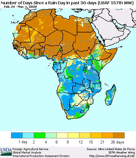 Africa Number of Days Since a Rain Day in past 30 days (USAF 557th WW) Thematic Map For 2/24/2020 - 3/1/2020