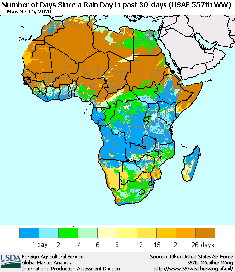 Africa Number of Days Since a Rain Day in past 30 days (USAF 557th WW) Thematic Map For 3/9/2020 - 3/15/2020