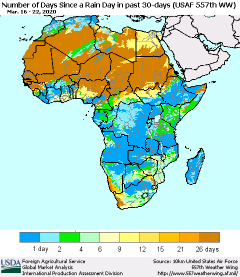 Africa Number of Days Since a Rain Day in past 30 days (USAF 557th WW) Thematic Map For 3/16/2020 - 3/22/2020