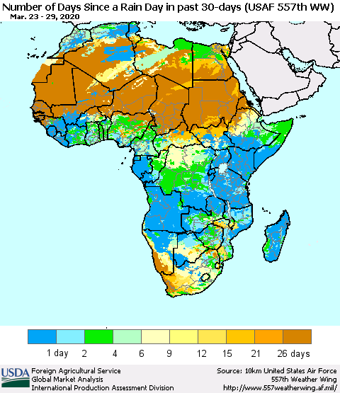 Africa Number of Days Since a Rain Day in past 30 days (USAF 557th WW) Thematic Map For 3/23/2020 - 3/29/2020