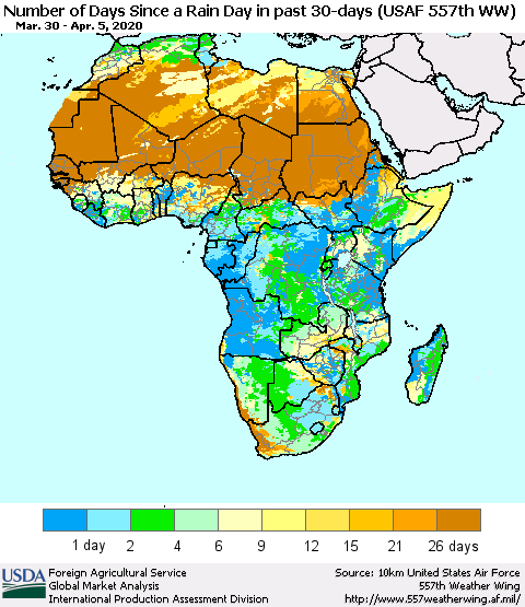 Africa Number of Days Since a Rain Day in past 30 days (USAF 557th WW) Thematic Map For 3/30/2020 - 4/5/2020