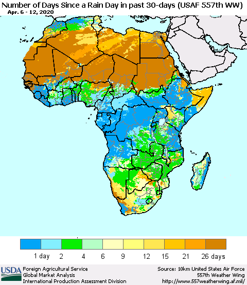 Africa Number of Days Since a Rain Day in past 30 days (USAF 557th WW) Thematic Map For 4/6/2020 - 4/12/2020