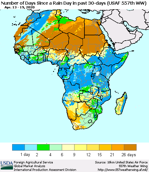 Africa Number of Days Since a Rain Day in past 30 days (USAF 557th WW) Thematic Map For 4/13/2020 - 4/19/2020