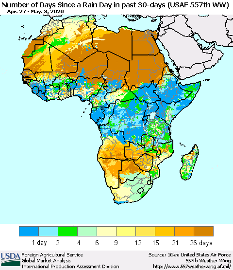 Africa Number of Days Since a Rain Day in past 30 days (USAF 557th WW) Thematic Map For 4/27/2020 - 5/3/2020