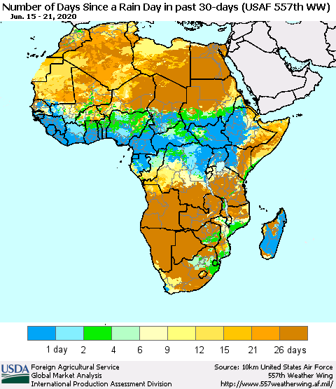 Africa Number of Days Since a Rain Day in past 30 days (USAF 557th WW) Thematic Map For 6/15/2020 - 6/21/2020