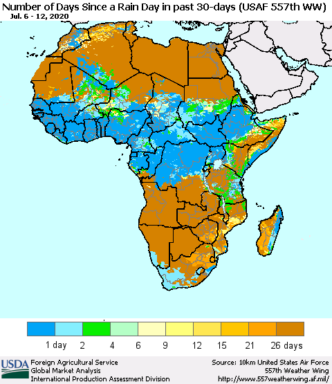 Africa Number of Days Since a Rain Day in past 30 days (USAF 557th WW) Thematic Map For 7/6/2020 - 7/12/2020