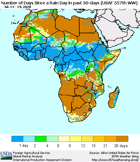 Africa Number of Days Since a Rain Day in past 30 days (USAF 557th WW) Thematic Map For 7/13/2020 - 7/19/2020
